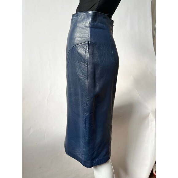 Mario Zarelli Womens Leather Pencil Skirt Blue Knee Length Lined 8 - Picture 7 of 11